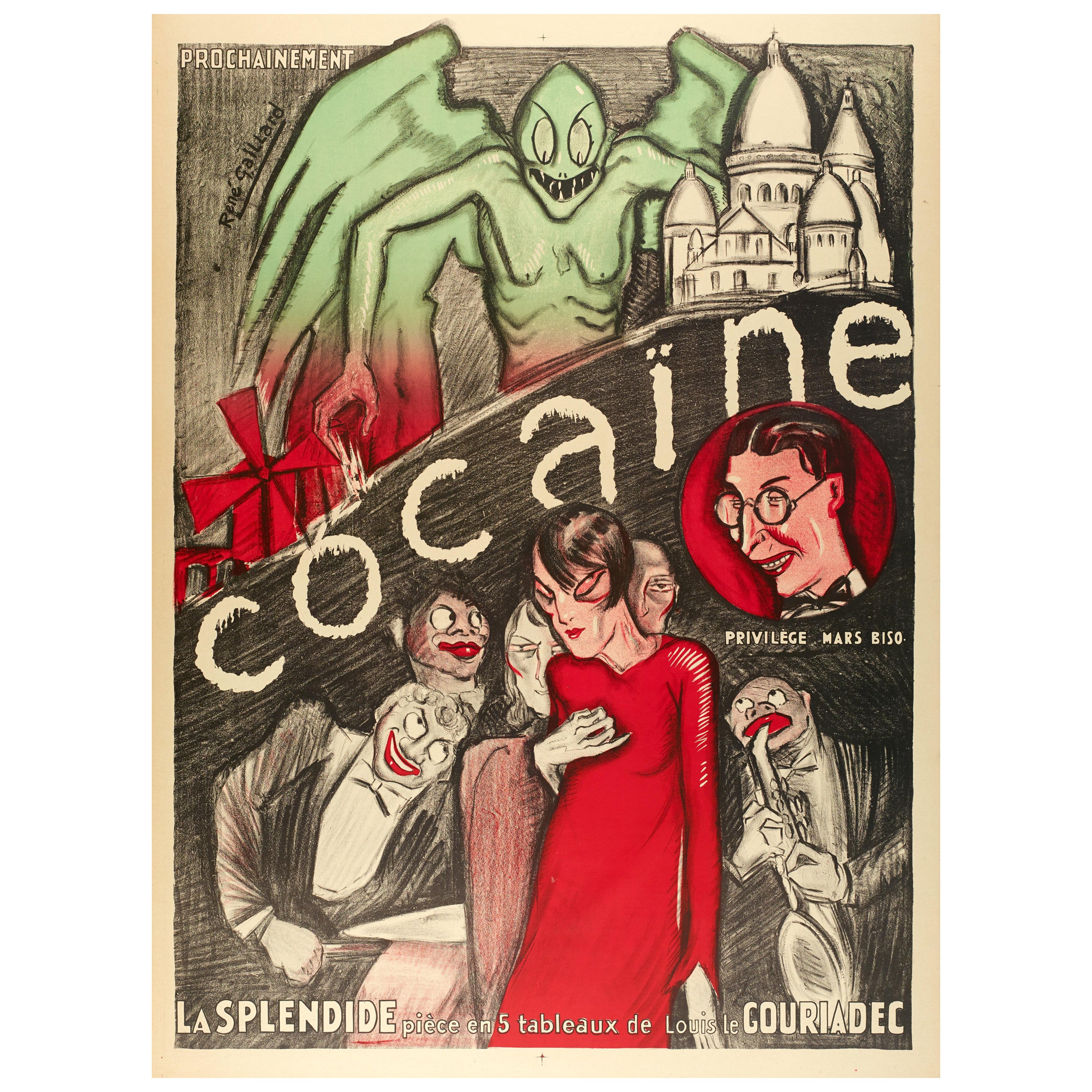 Affiche rétro originale de Gaillard, Cocaine, Théâtre Montmartre Moulin Rouge 1926