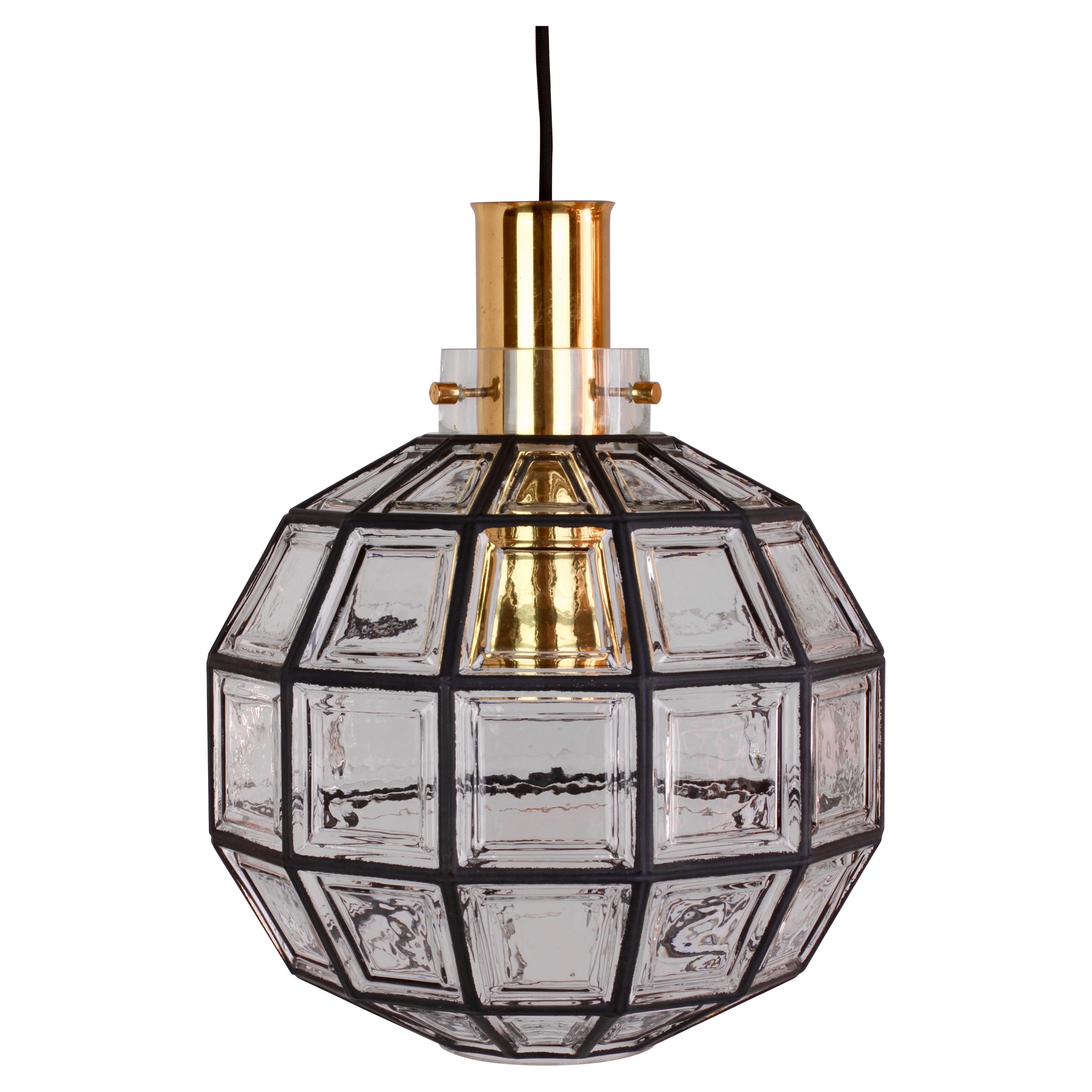 Limburg One of Three Large Brass Iron & Clear Glass Round Pendant Lights C.1965 For Sale