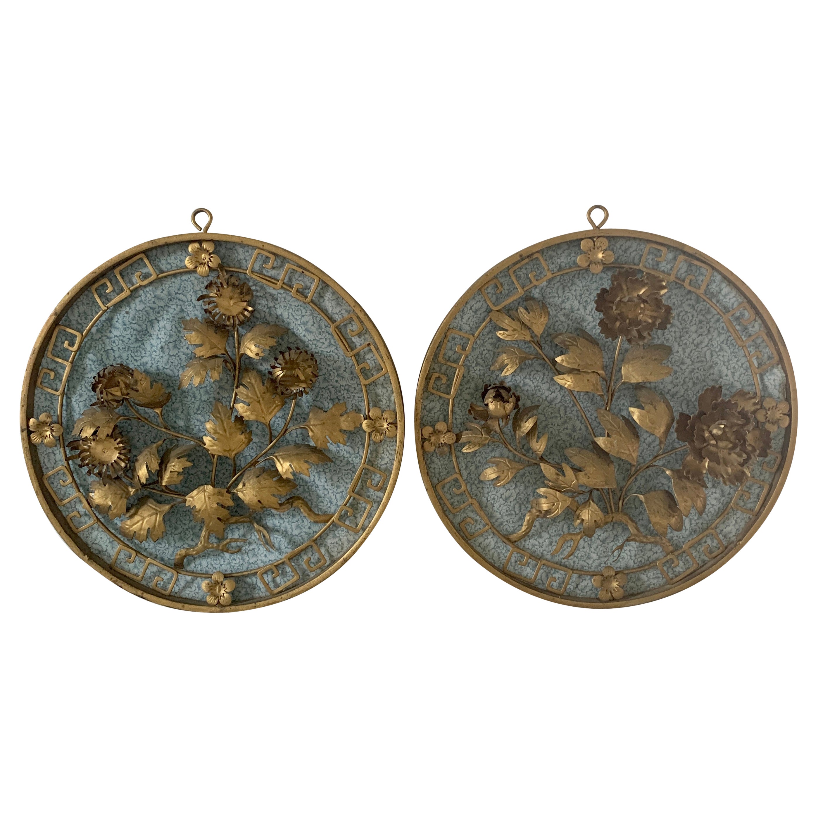 Mid-Century Brass Wall Hanging Medallians with Greek Key and Floral Bouquets For Sale