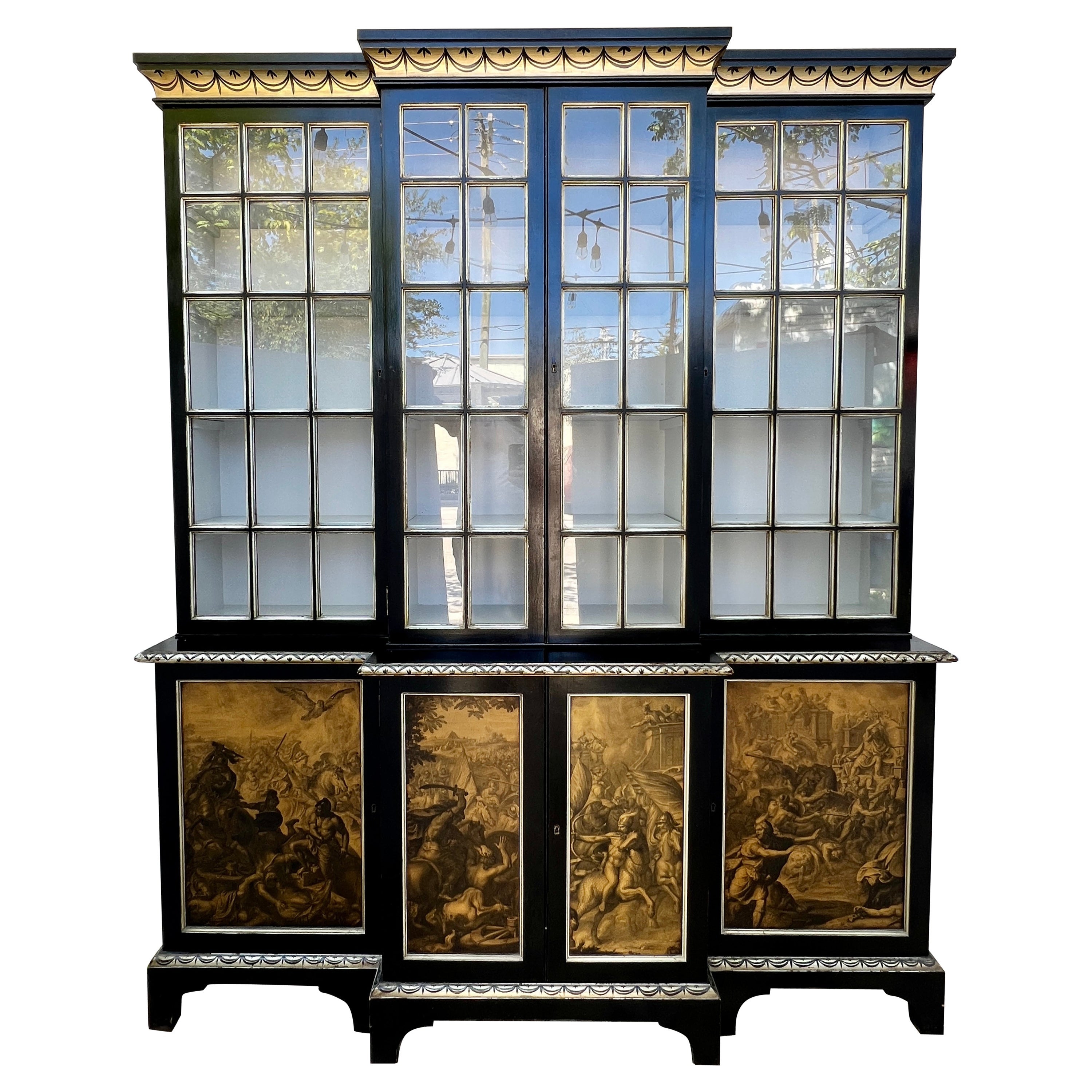 Neoclassical Hand-Painted Library Bookcase and Display Cabinet, English 20th C.  For Sale