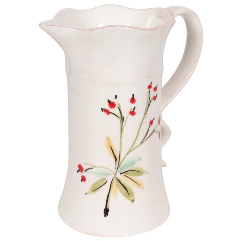 Vase Pichet Vintage En Céramique émaillée - Décor Floral Italien - Années 70