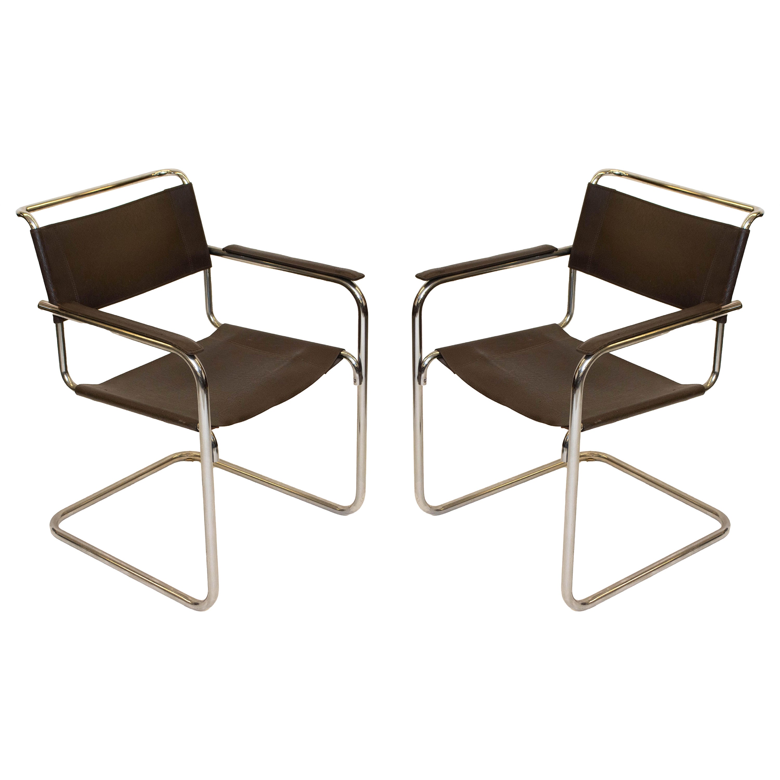 B34 Bauhaus Leather Arm Chairs by Marcel Breuer, Pair