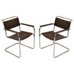 B34 Bauhaus Leather Arm Chairs by Marcel Breuer, Pair