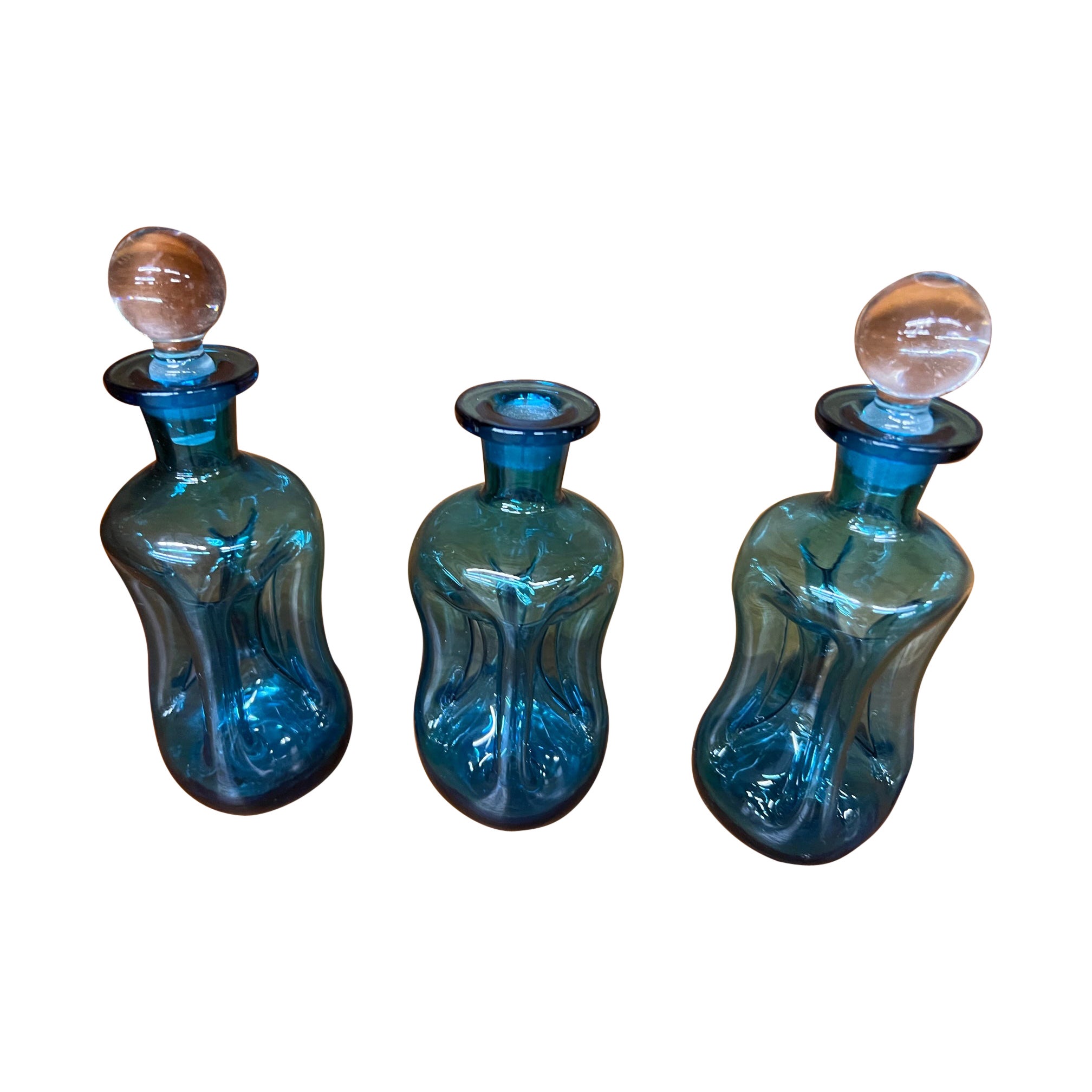 Holmegaard Kluk Kluk Blue Glass Decanter with Stopper Set of 3 Danish For Sale