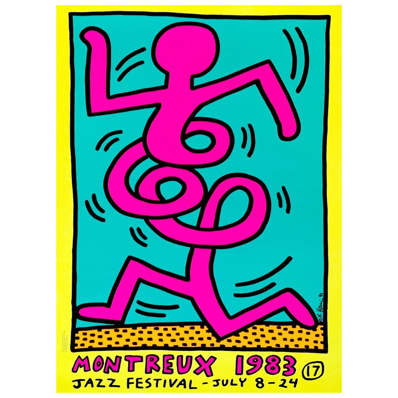 Affiche vintage d'origine jaune du festival de jazz de Montreux par Keith Haring, 1983