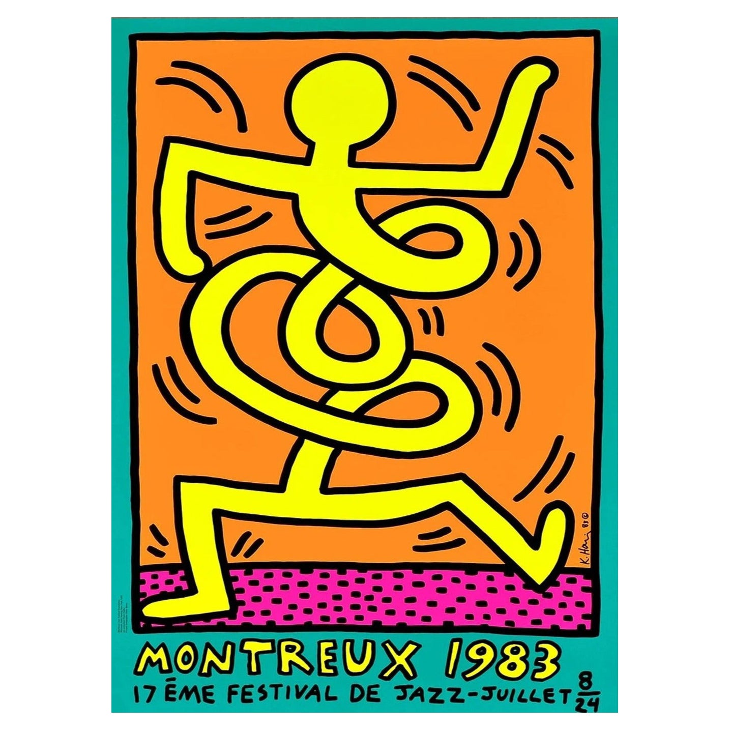 Affiche vintage d'origine vert du festival de jazz de Montreux par Keith Haring, 1983