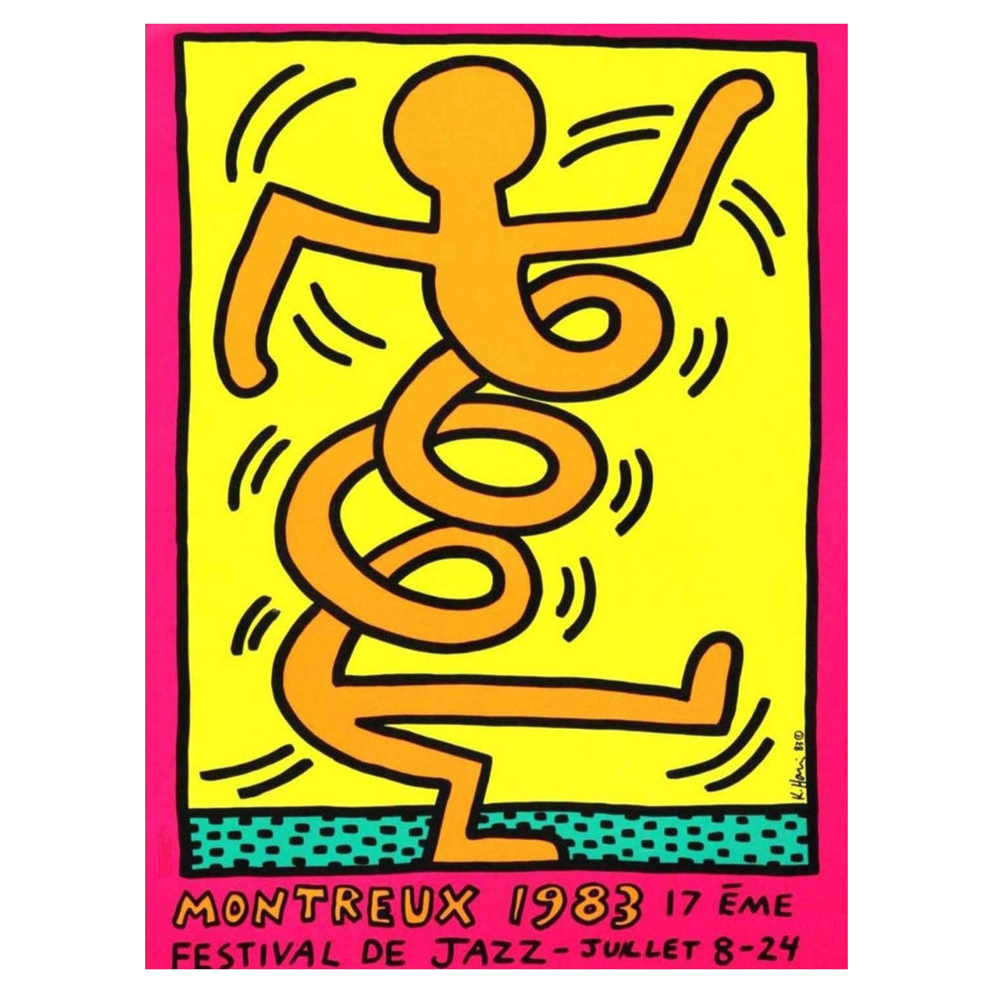 Affiche vintage d'origine rose du festival de jazz de Montreux par Keith Haring, 1983