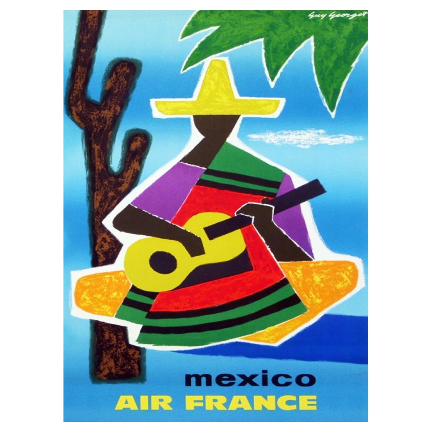 Affiche rétro originale d'Air France, Mexique, 1962