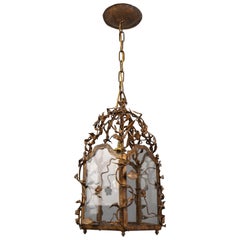 Early 20th Century Metal and Glass Floral Pentagonal Hall Lantern