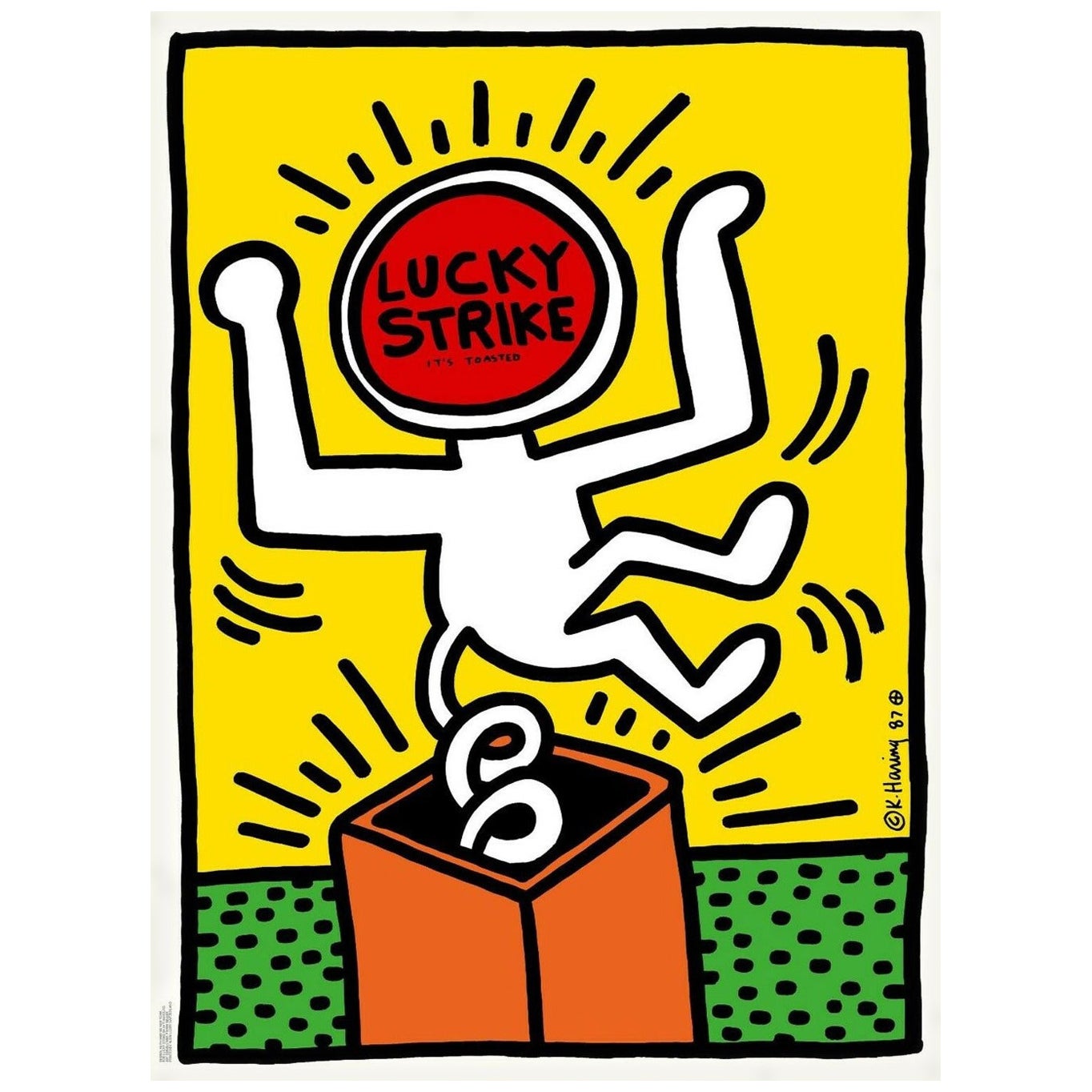1987 Keith Haring Lucky Strike Yellow Poster originale d'epoca