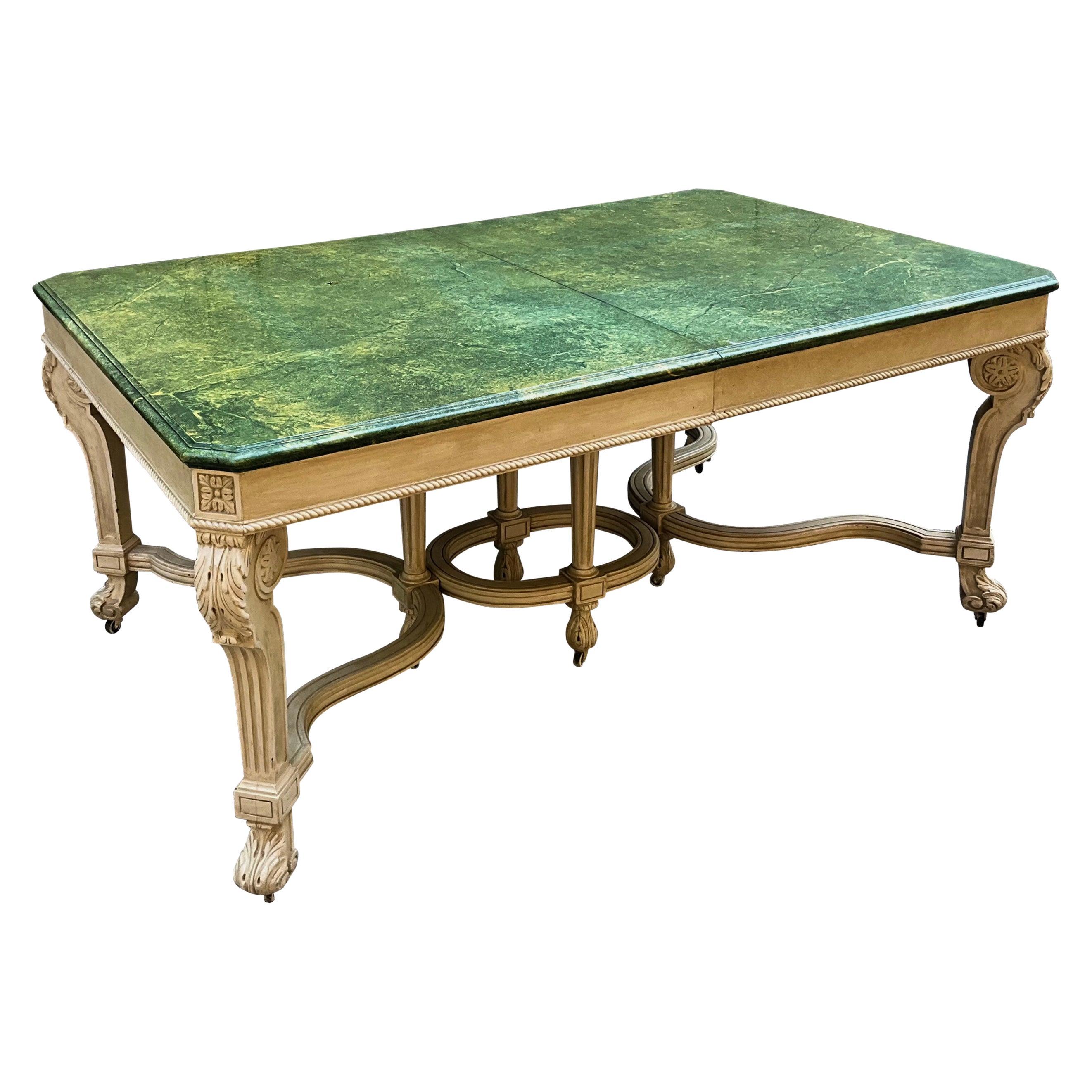 1970s Regency Style Faux Marble Painted Dining Table with 5 Leaves  For Sale