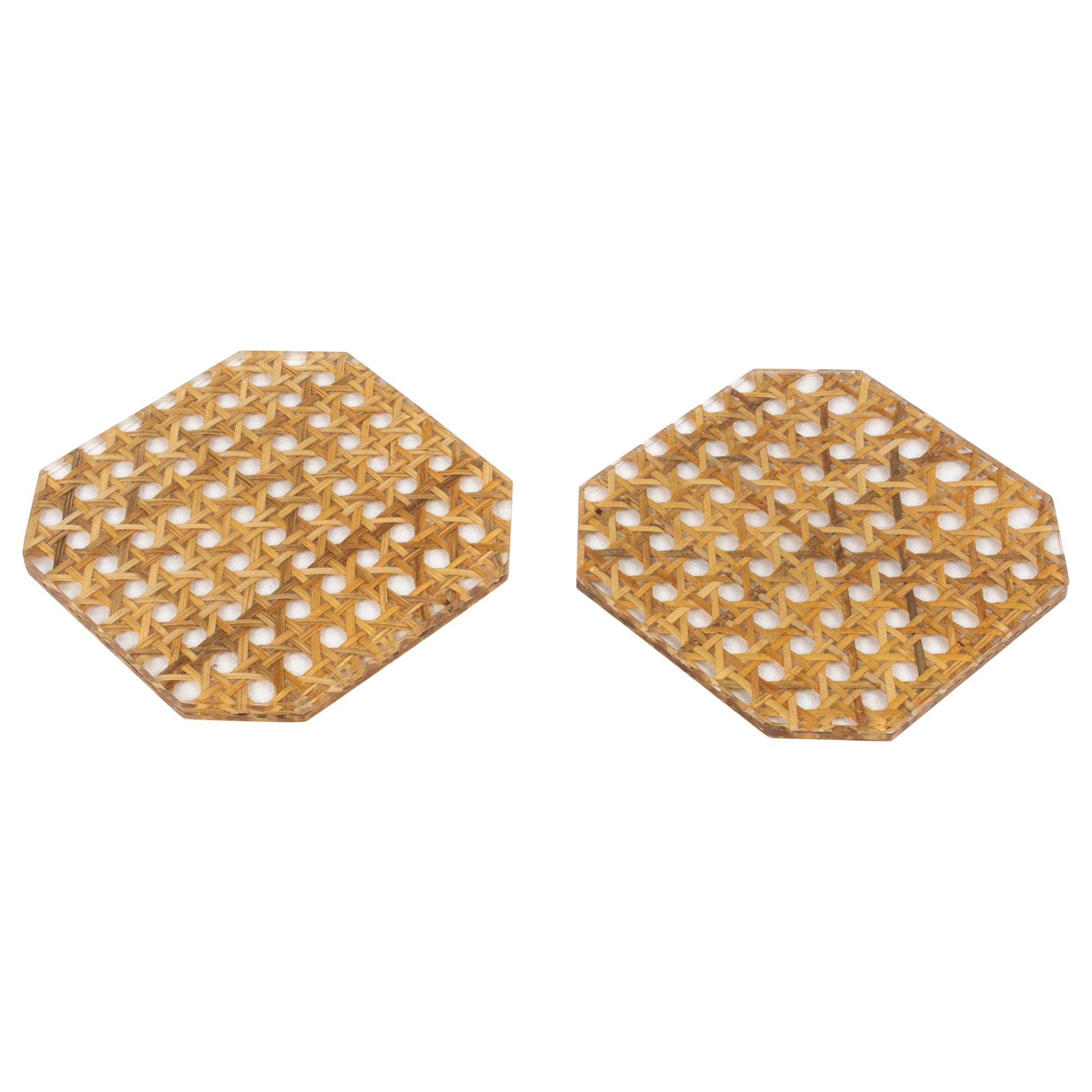 Christian Dior Lucite and Rattan Barware Wine Coasters Set For Sale