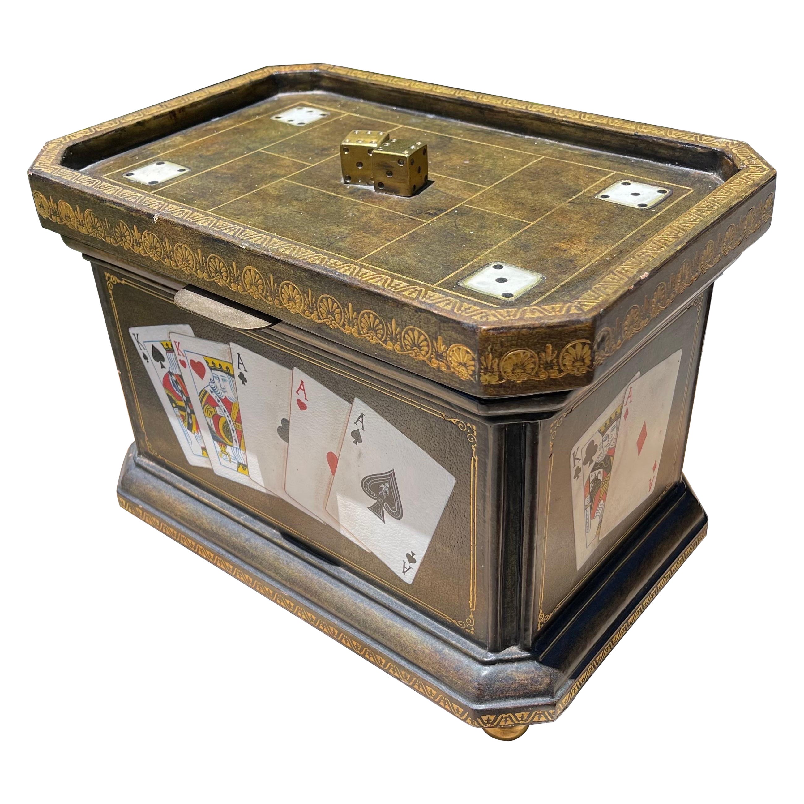 Maitland Smith Tooled Leather Hand Painted Poker Themed Box with Brass Accents For Sale