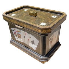 Maitland Smith Tooled Leather Hand Painted Poker Themed Box with Brass Accents