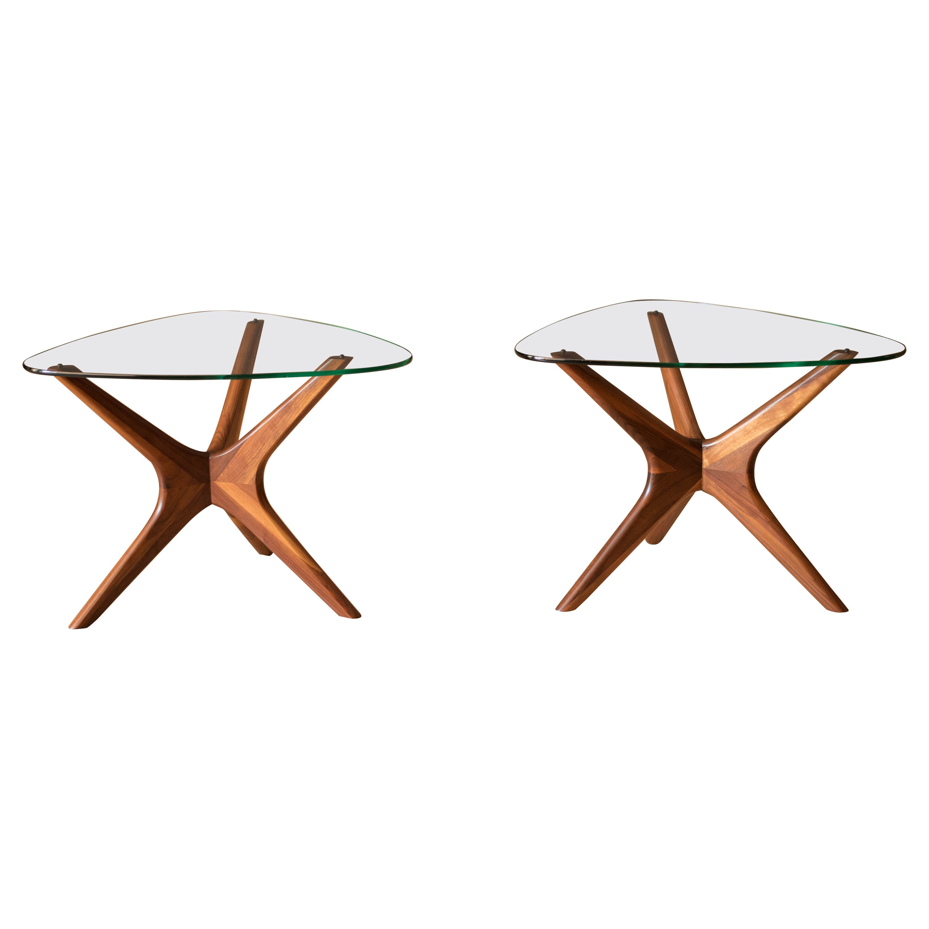 Vintage Pair of Solid Walnut and Glass Jacks End Tables by Adrian Pearsall For Sale