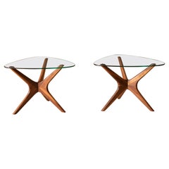 Vintage Pair of Solid Walnut and Glass Jacks End Tables by Adrian Pearsall