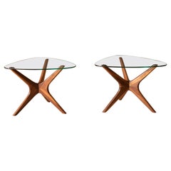 Retro Pair of Solid Walnut and Glass Jacks End Tables by Adrian Pearsall