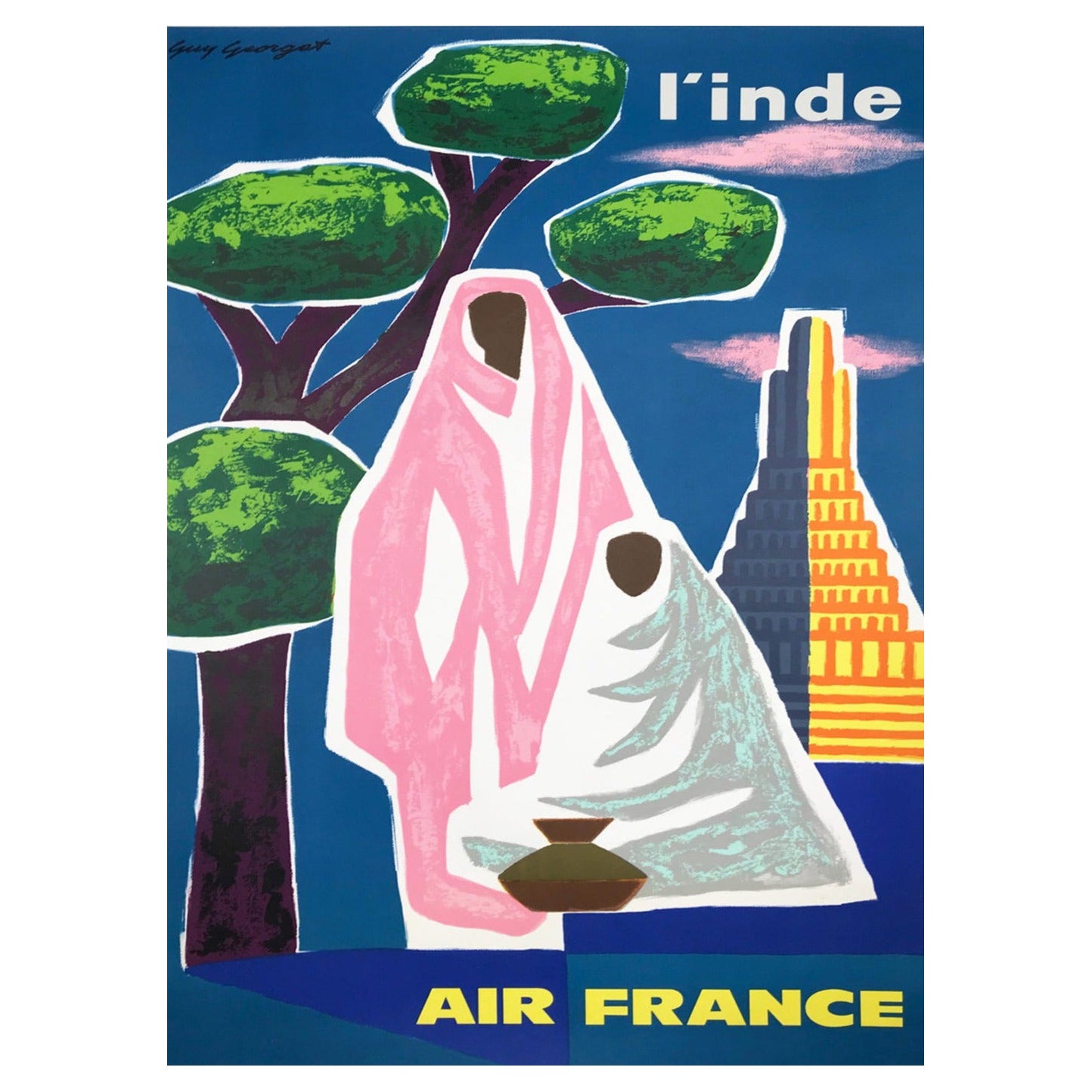 1963 Air France, India Original Vintage Poster