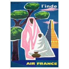 Affiche vintage originale d'Air France, Inde, 1963