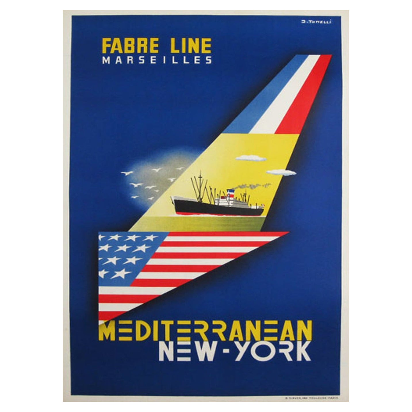 Affiche vintage originale Fabre Line, Méditerranéenne New York, 1950 en vente