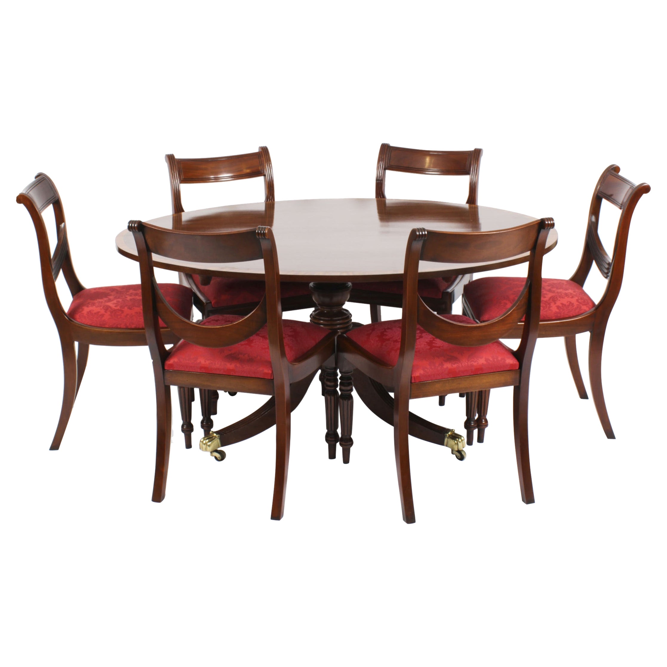 Antique Regency Flame Mahogany Dining Table 19th Century & 6 Chairs