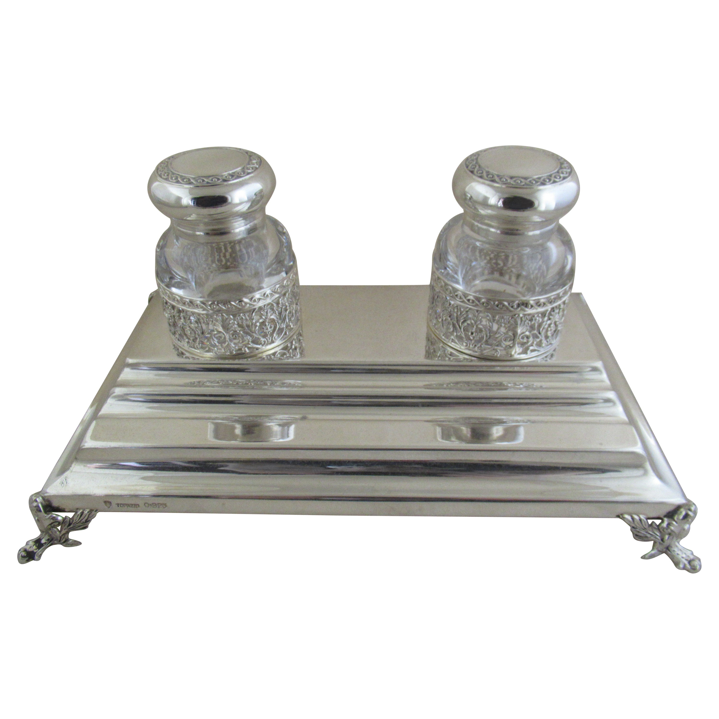 Sterling Silver, Large Desk Inkstand by Topazio of Portugal, circa 1920 For Sale