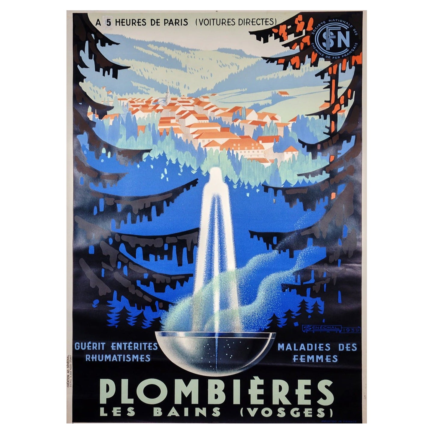 Affiche vintage d'origine Plombieres de 1939 en vente