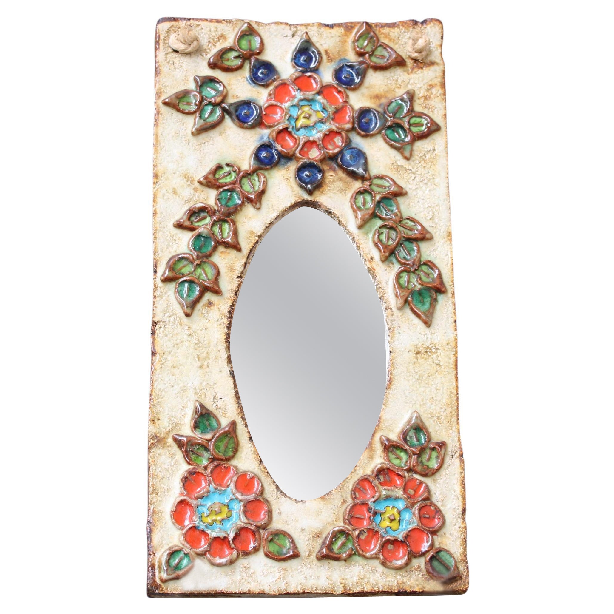 Vintage French Ceramic Wall Mirror with Flower Motif by La Roue, 'circa 1960s'
