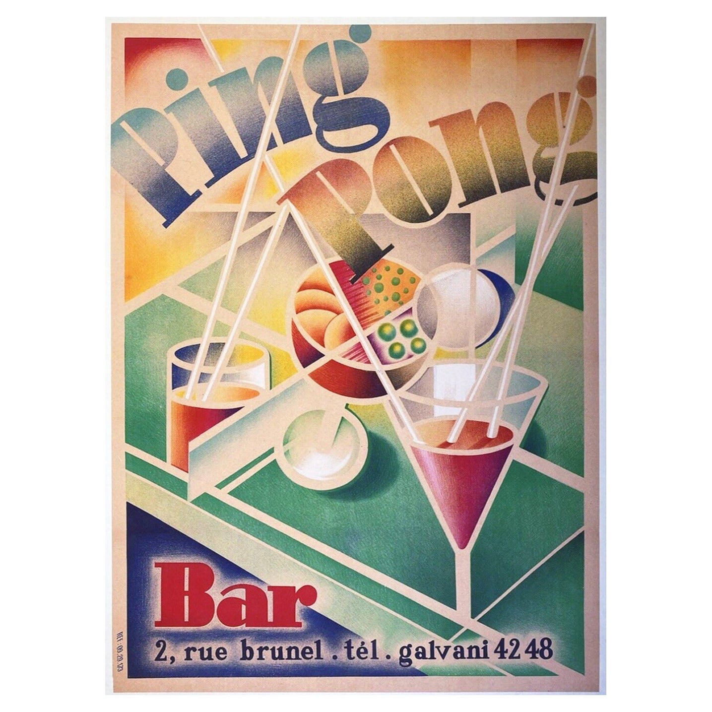 Affiche vintage d'origine du bar Ping Pong, 1958