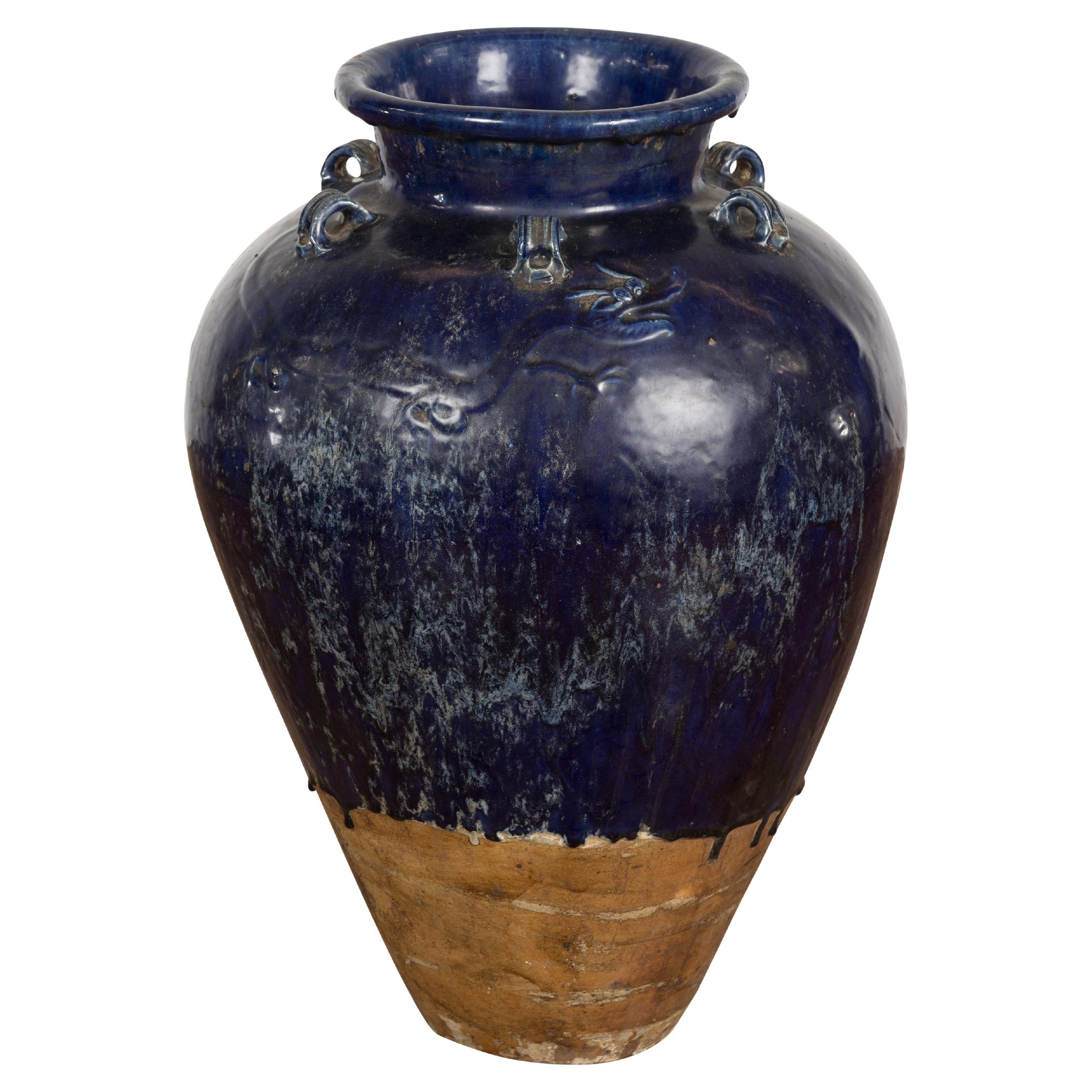 Large Antique 19th Century Thai Cobalt Blue Martaban Jar with Dragon Motif For Sale
