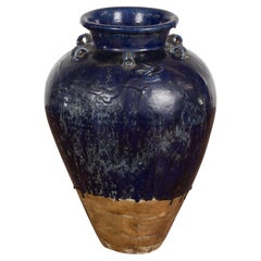 Large Antique 19th Century Thai Cobalt Blue Martaban Jar with Dragon Motif