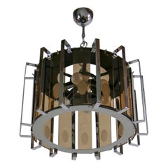 Used Midcentury Six Lights Black and Chromed Chandelier Attributed to Gino Vistosi