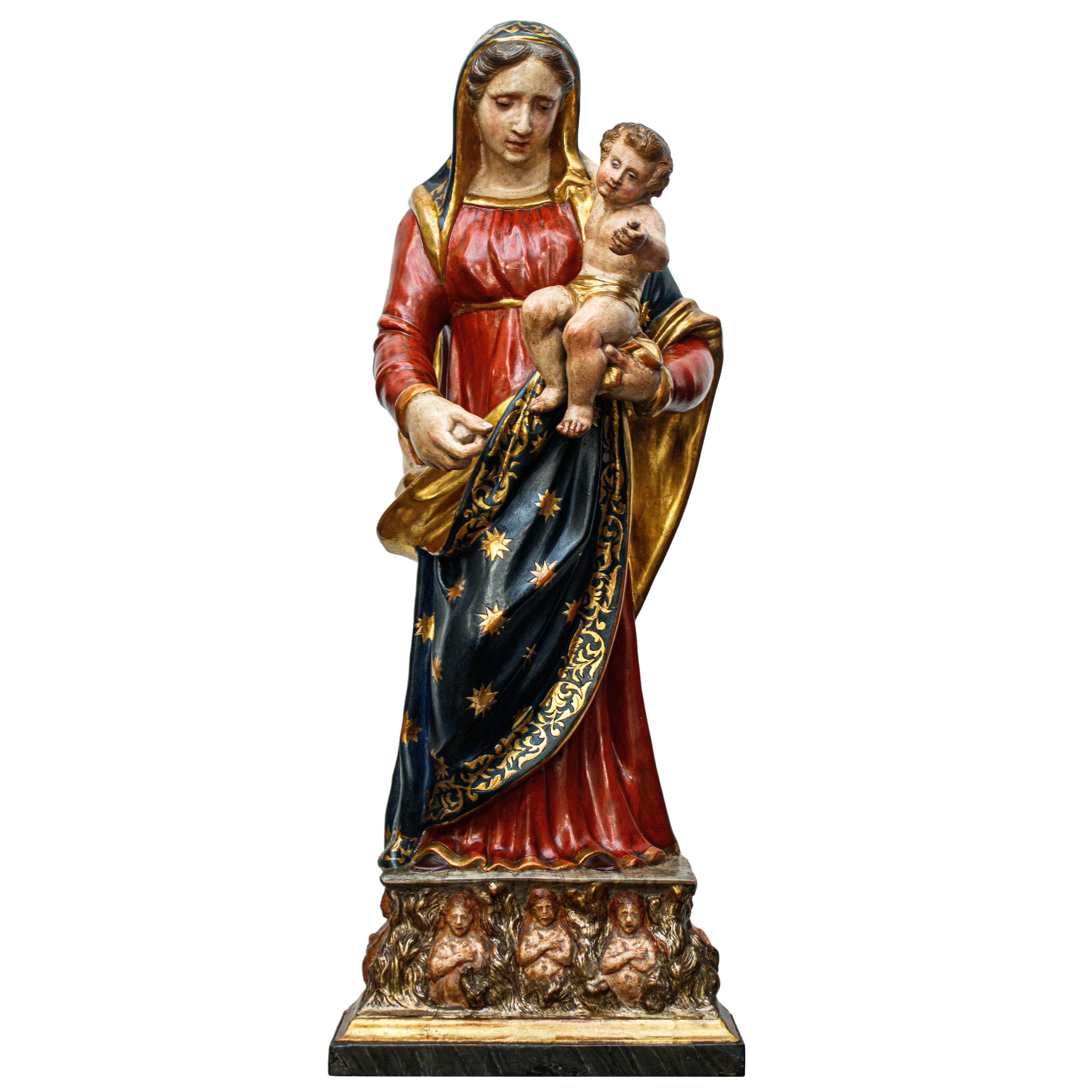 19th Century Madonna and Child with Souls in Purgatory Papier-Mache Sculpture For Sale