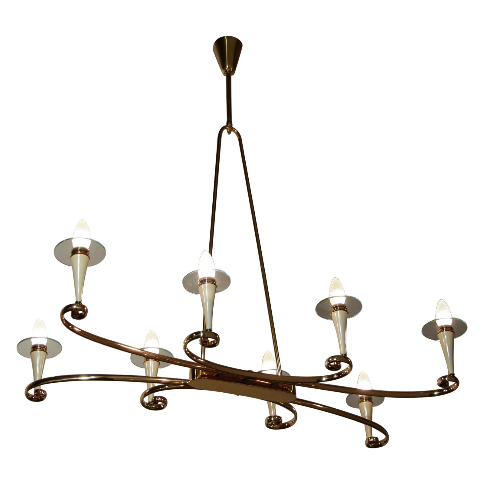 Italian Midcentury Gold and Ivory Color Eight Lights Chandelier, 1950s For Sale