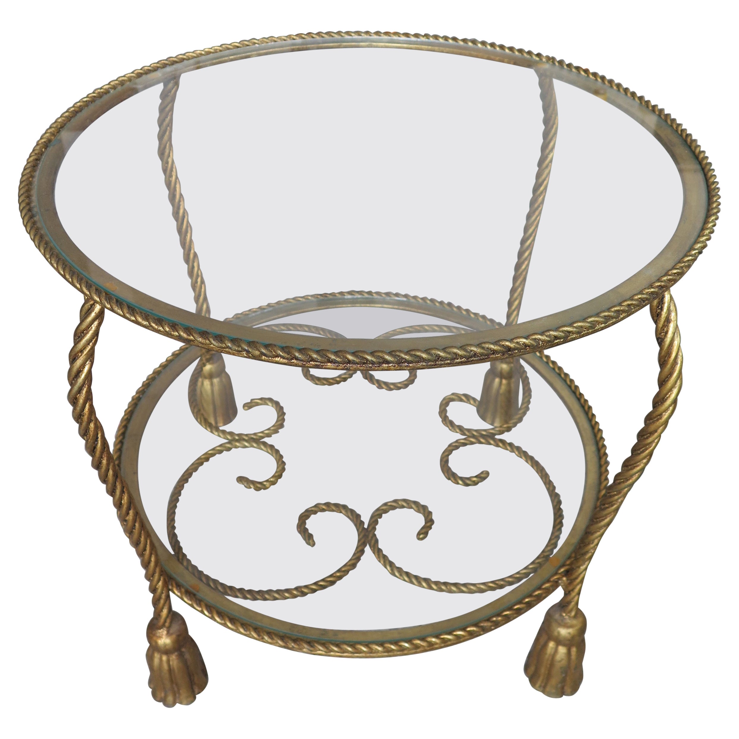 Table italienne de style Hollywood Regency en métal doré et glands