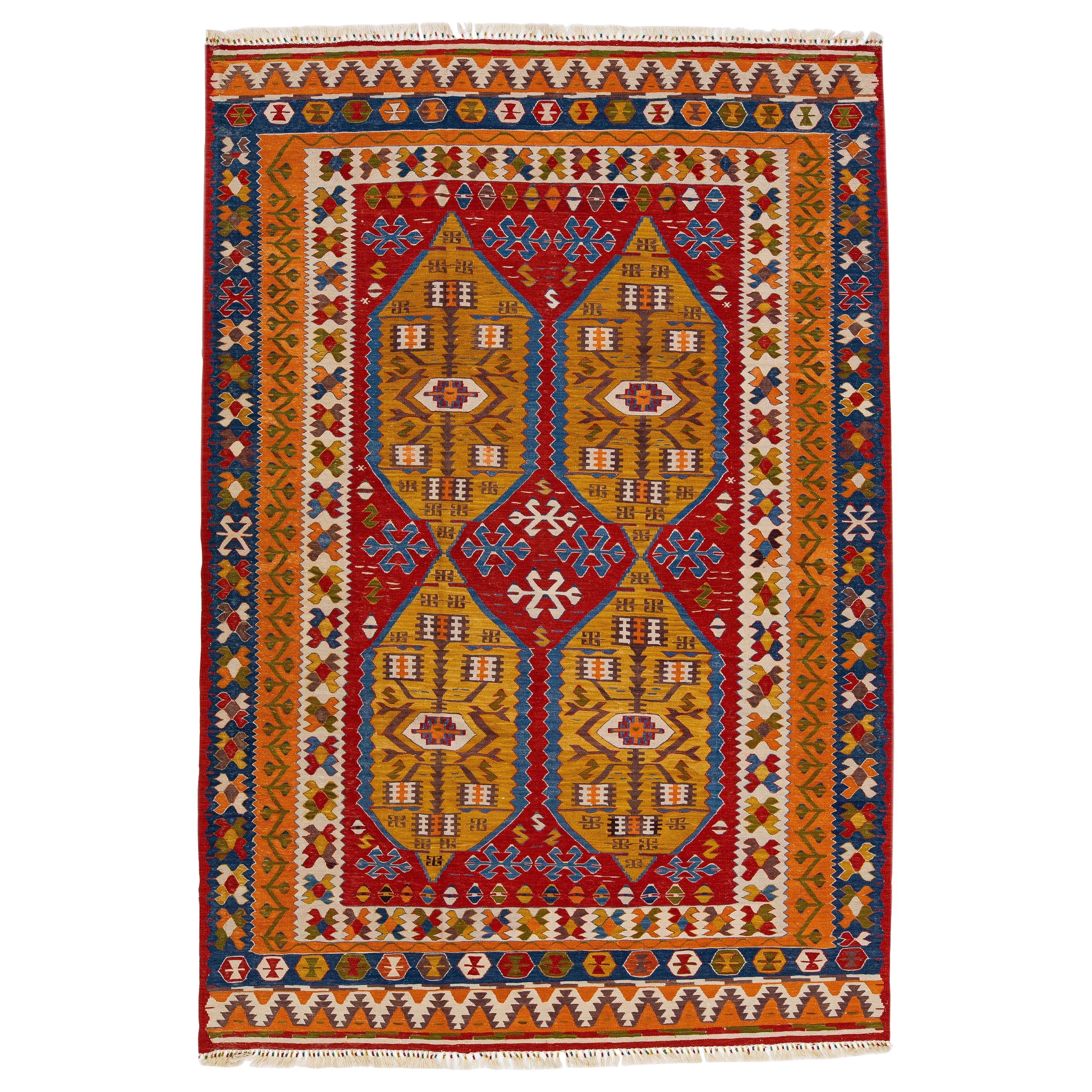 Moderner flachgewebter Kilim-Teppich aus mehrfarbiger Wolle mit Allover-Motiv