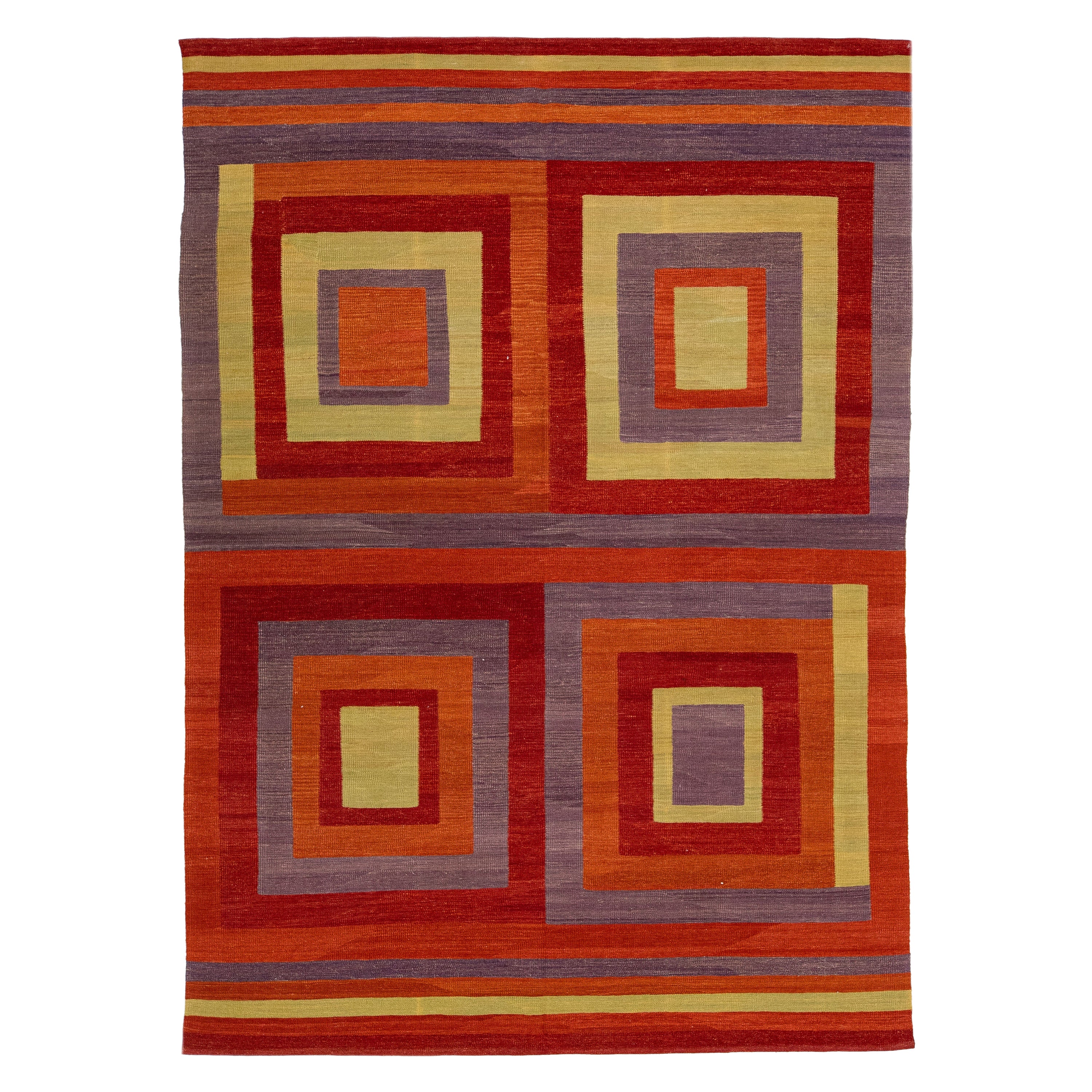 Tapis Kilim moderne à tissage plat en laine avec motif géométrique multicolore en vente
