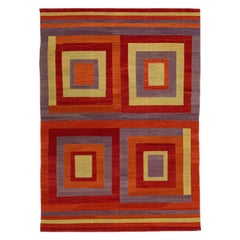 Modern Flatweave Kilim Wool Rug with Multicolored Geometric Motif