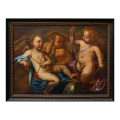 17th Century Allegory of War 'Triad of Putti' Oil on Canvas Genoese School