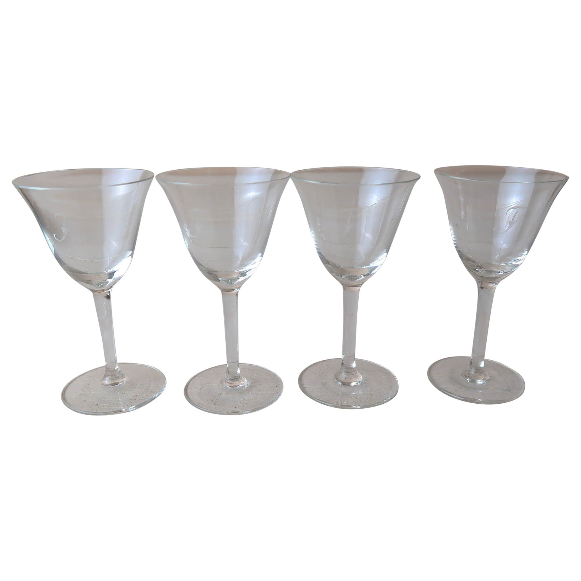 Set of 4 Small Glasses Engraved with Initial " F ". English C.1920 For Sale