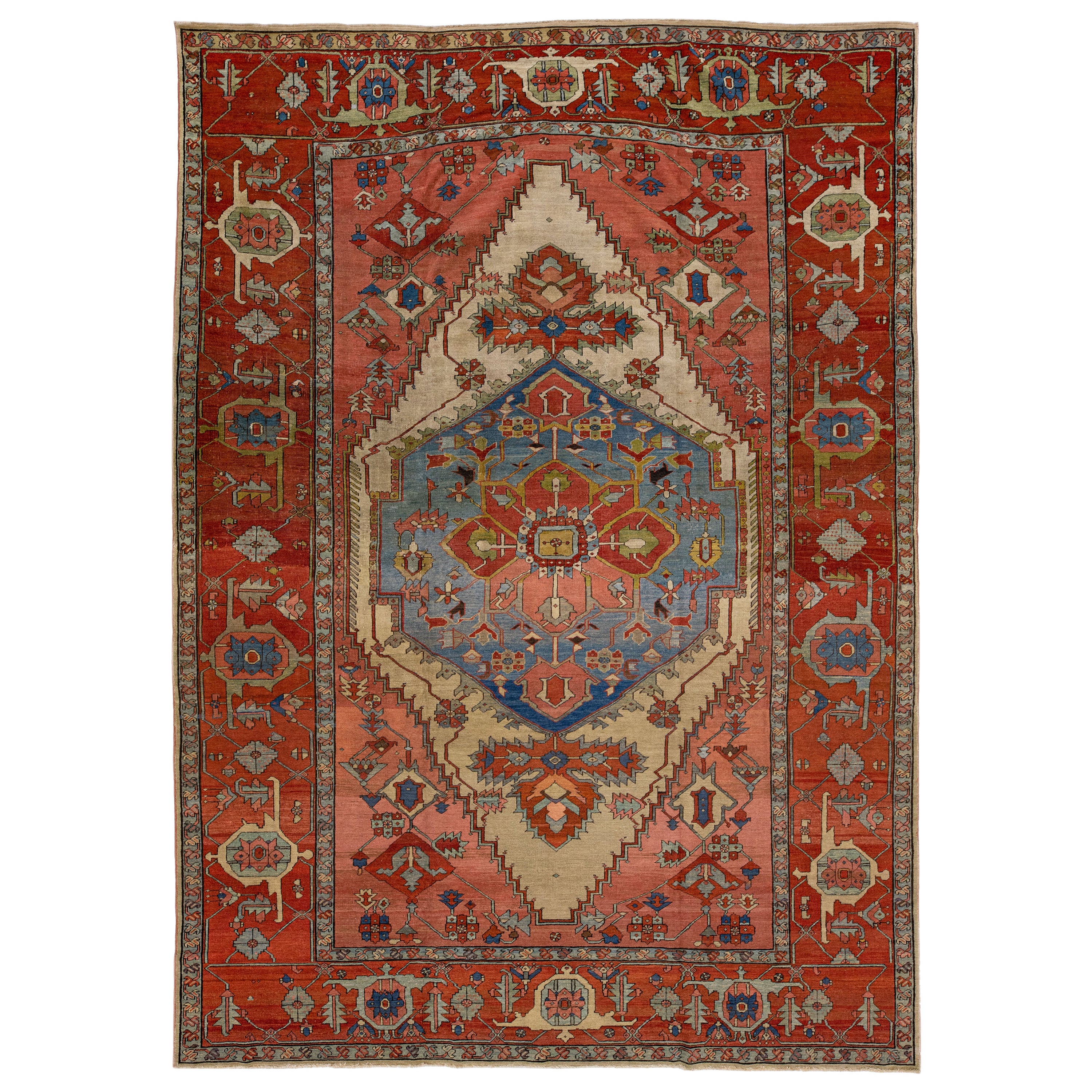 19th Century Medallion Handmade Serapi Style Antique Wool Rug in Rust For Sale