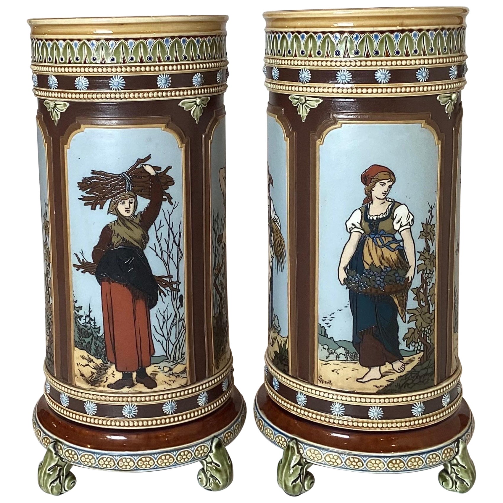 Pair of Mettlach Hand Decorated Cylinder Vases, 1880s For Sale