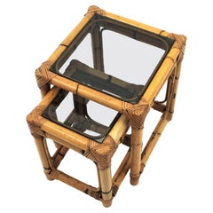 Bamboo Rattan Nesting Tables with Smoked Glass Top
