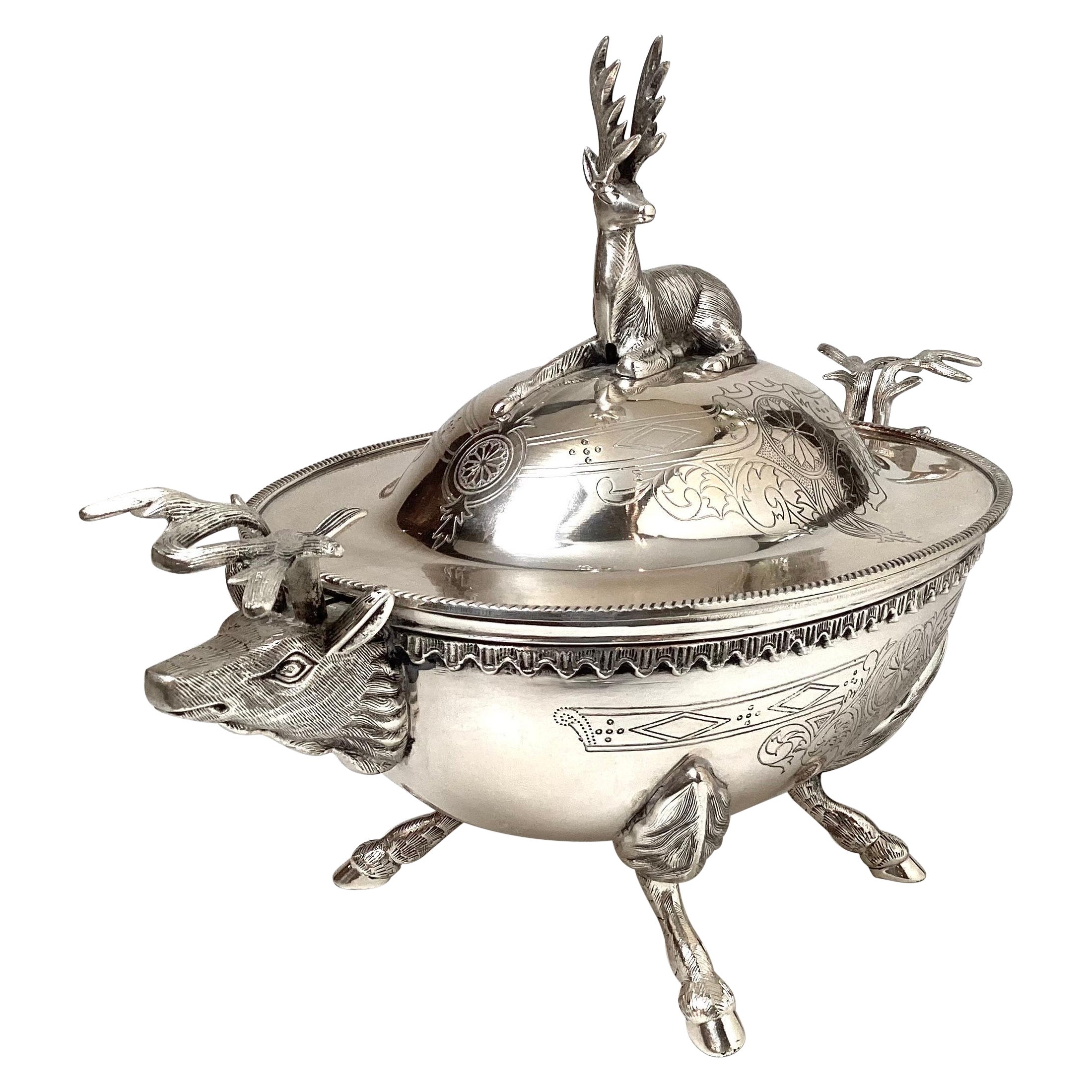 Early 20th Century Silver Plate Elk Motif Tureen For Sale