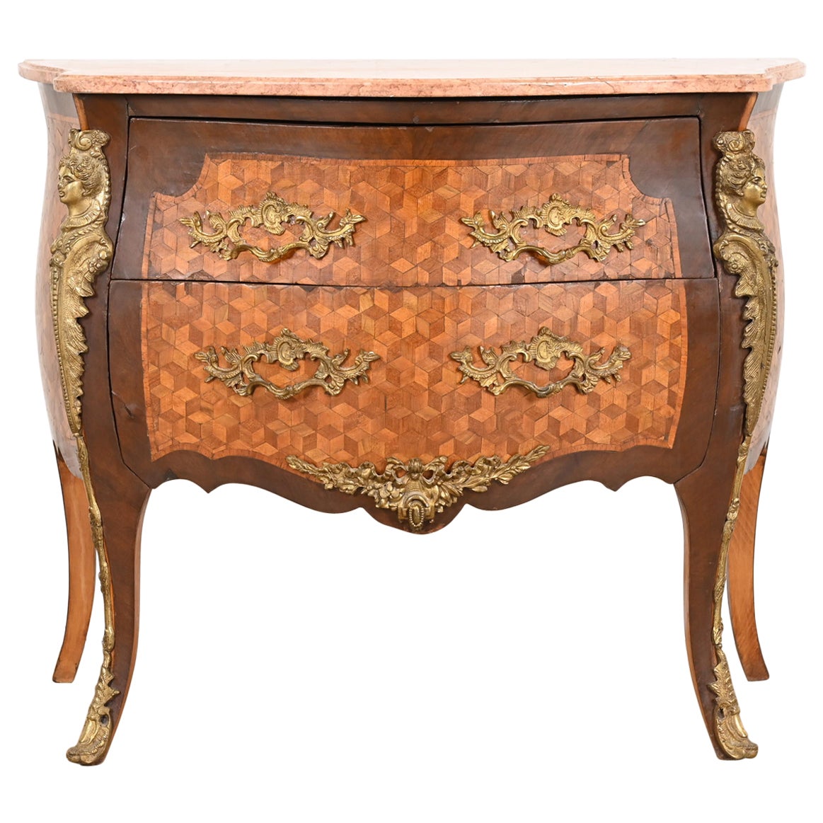 Antique French Louis XV Marble Top Bombay Chest Commode with Mounted Ormolu