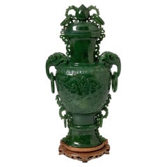 Antique Large Green Jade Vase with Elephant Handles, Early 20th Century