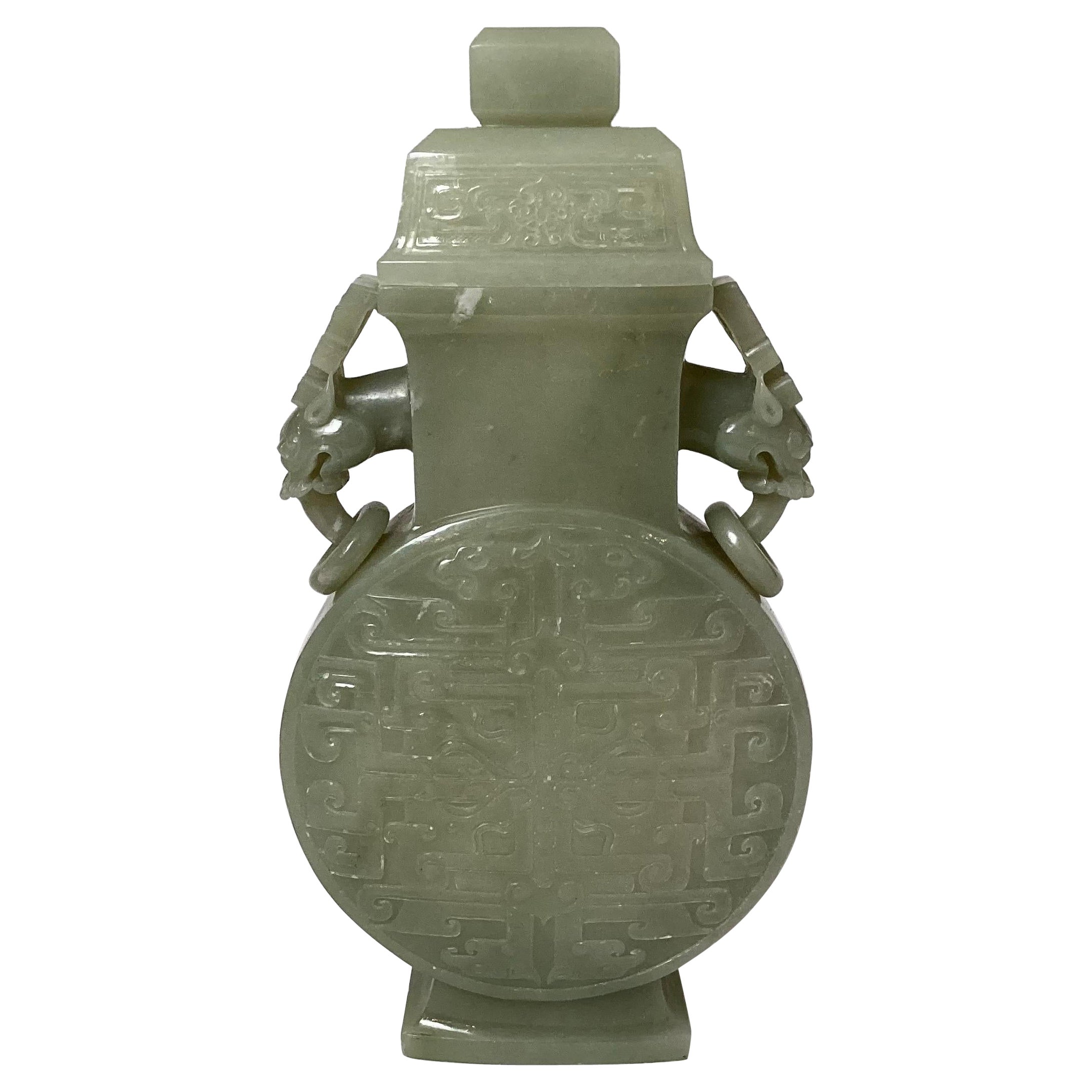 Intricately Carved Celadon Jade Dragon Handled  Covered Vessel For Sale