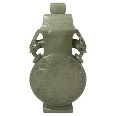 Intricately Carved Celadon Jade Dragon Handled  Covered Vessel