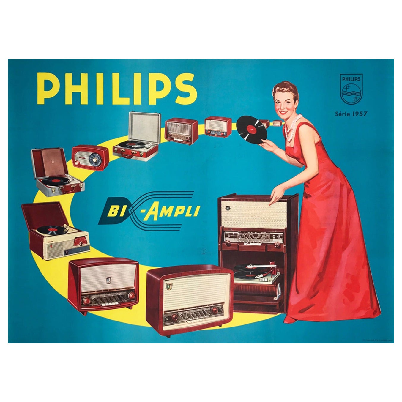 1957 Philips - Radio Bi-Ampli - Affiche d'origine vintage en vente