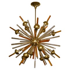 Lampadario e pendente in vetro artistico di Murano e ottone color arancio, 1990